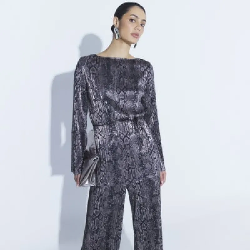 Black Metallic Snake Print Plisse Tunic sold by River Island