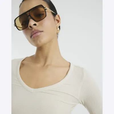 Beige Long Sleeve V Neck Top sold by River Island