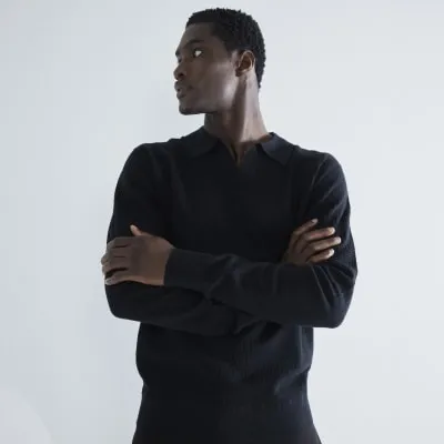 Black Textured Open Neck Polo Shirt sold by River Island