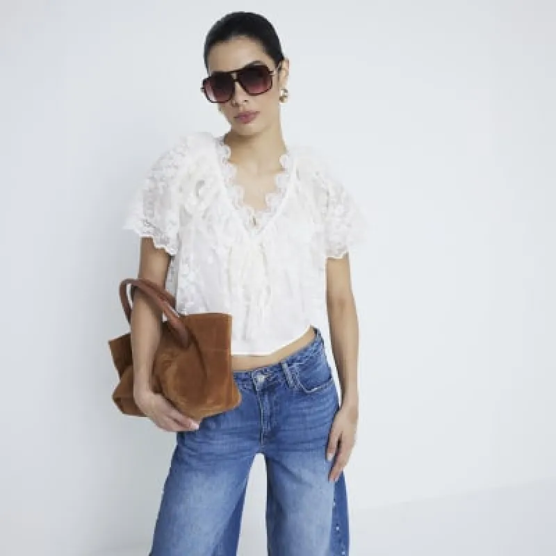 Cream Short Sleeve Lace Bardot Crop Top sold by River Island