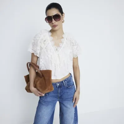 Cream Short Sleeve Lace Bardot Crop Top sold by River Island