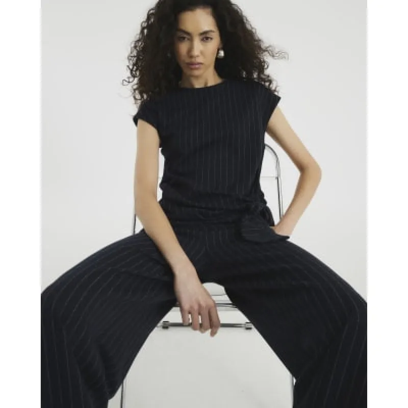 Navy Short Sleeve Pinstripe Tie Detail Top sold by River Island