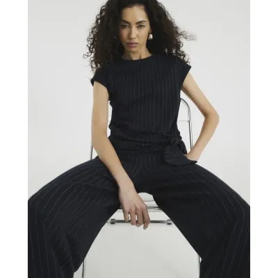 Navy Short Sleeve Pinstripe Tie Detail Top sold by River Island