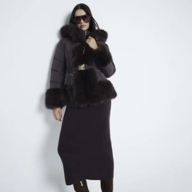 Brown Faux Fur Trim Padded Jacket sold by River Island