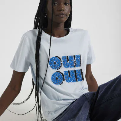 Blue Embellished Oui Oui Graphic T-shirt sold by River Island