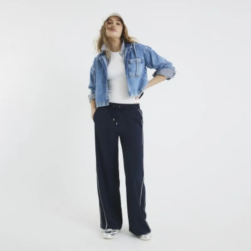 Navy Wide Leg Side Stripe Jogger sold by River Island
