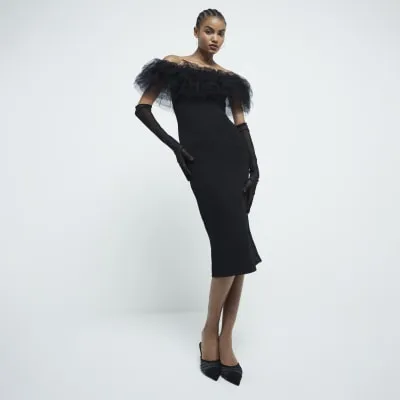 Black 3D Tulle Ruffled Bodycon Midi Dress sold by River Island