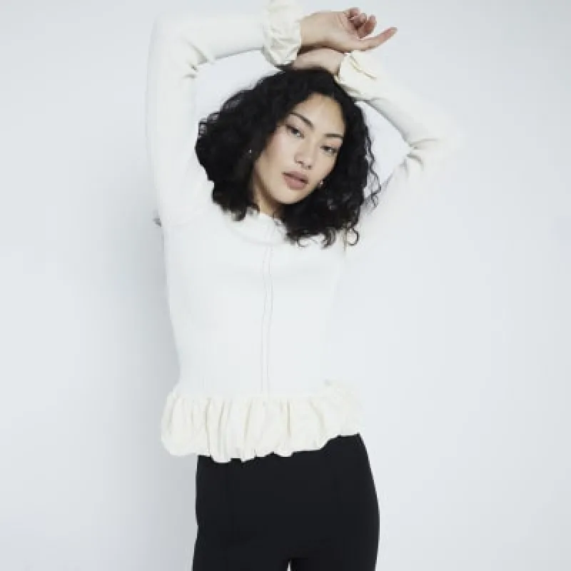 Cream Bubble Hem Knitted Top sold by River Island