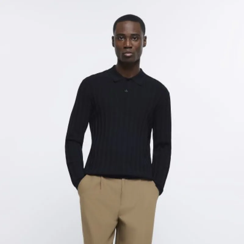 Black regular fit RI Studio knitted polo sold by River Island