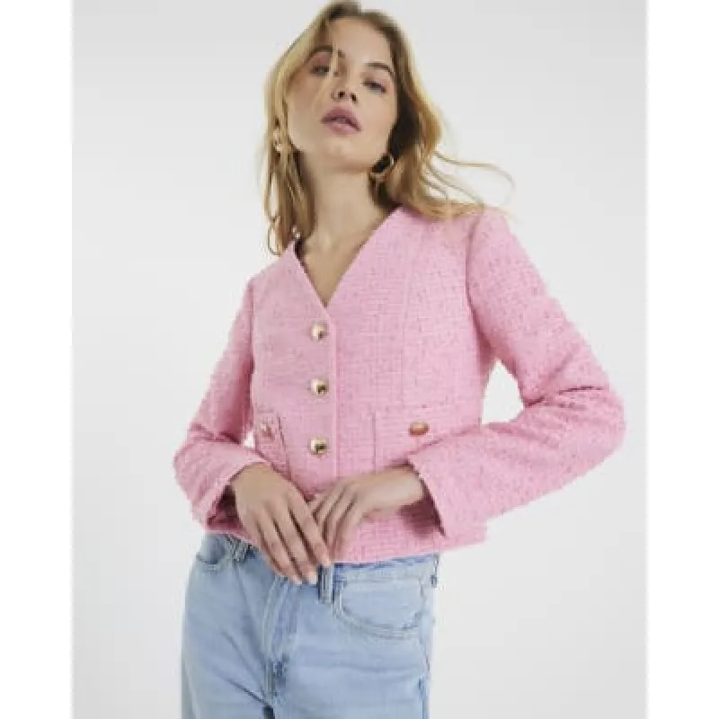 Pink Long Sleeve Boucle Jacket sold by River Island