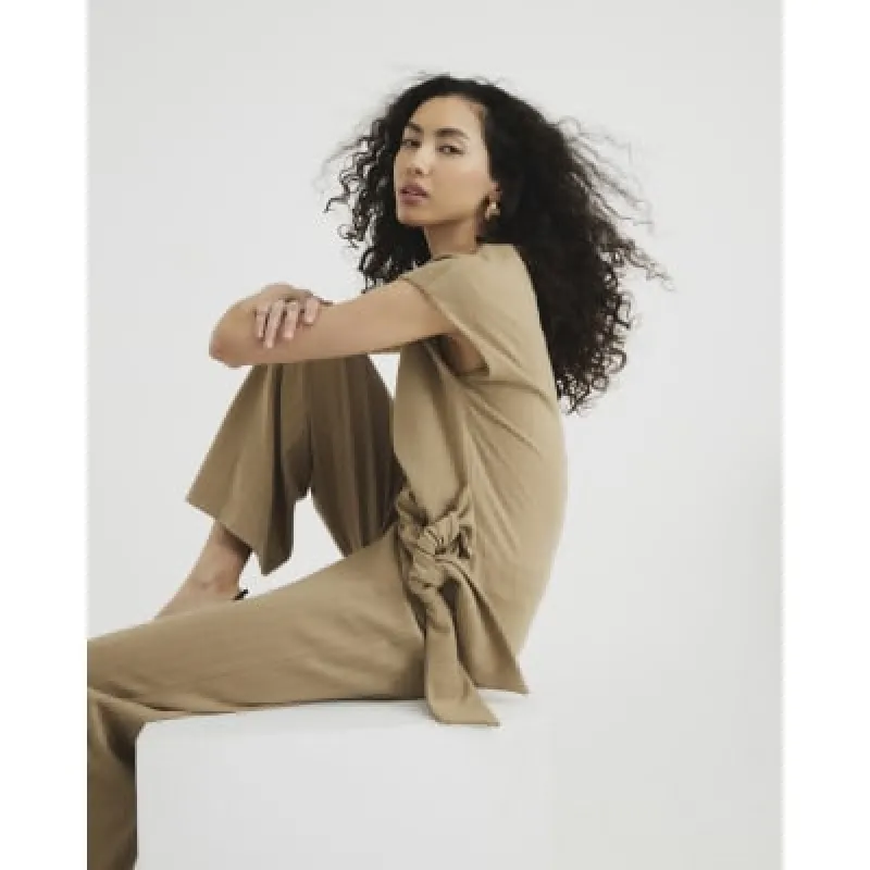Beige Short Sleeve Pinstripe Tie Detail Top sold by River Island
