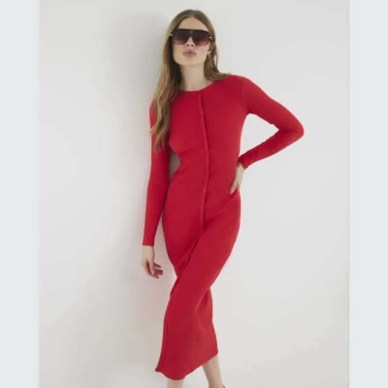 Red Long Sleeve Button Through Midi Dress sold by River Island