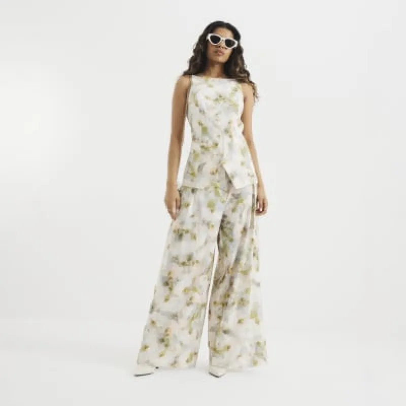 Petite Grey Floral Wide Leg Trousers sold by River Island