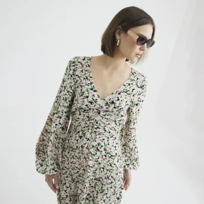 Green Long Sleeve Floral Midi Dress sold by River Island