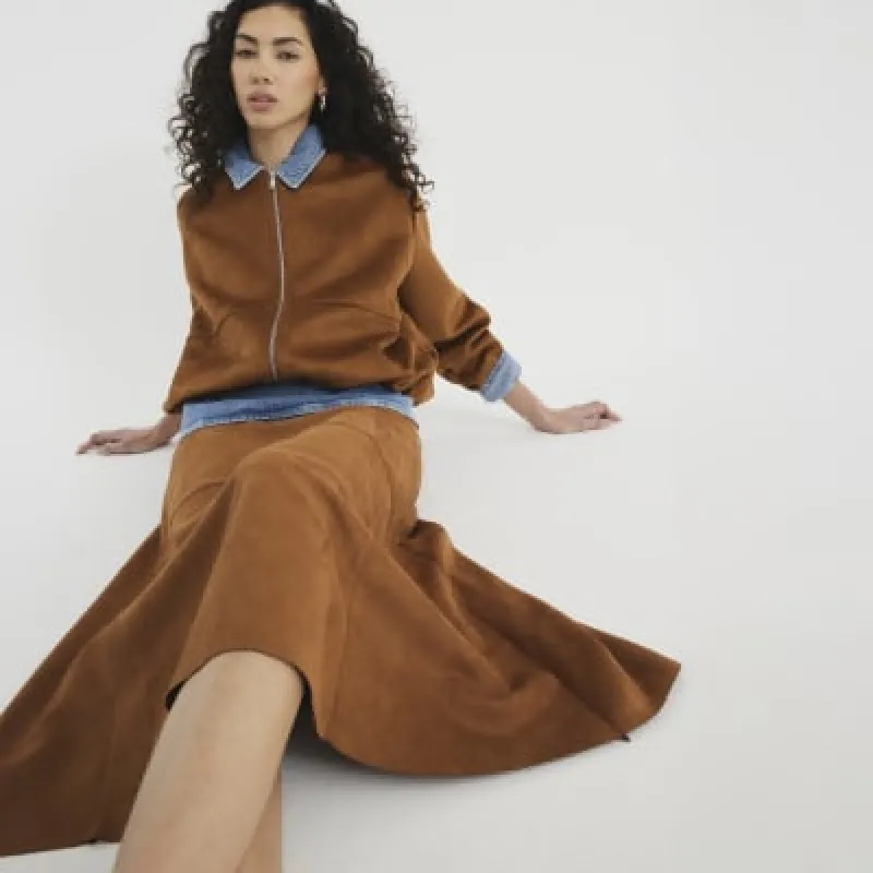 Brown Suedette Knee Length Midi Skirt sold by River Island