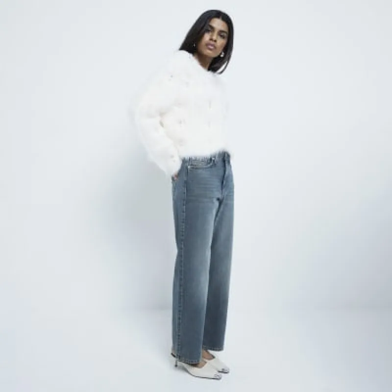 Petite Cream Embellished Faux Fur Cardigan sold by River Island