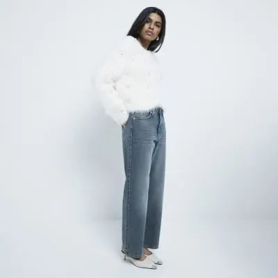 Petite Cream Embellished Faux Fur Cardigan sold by River Island