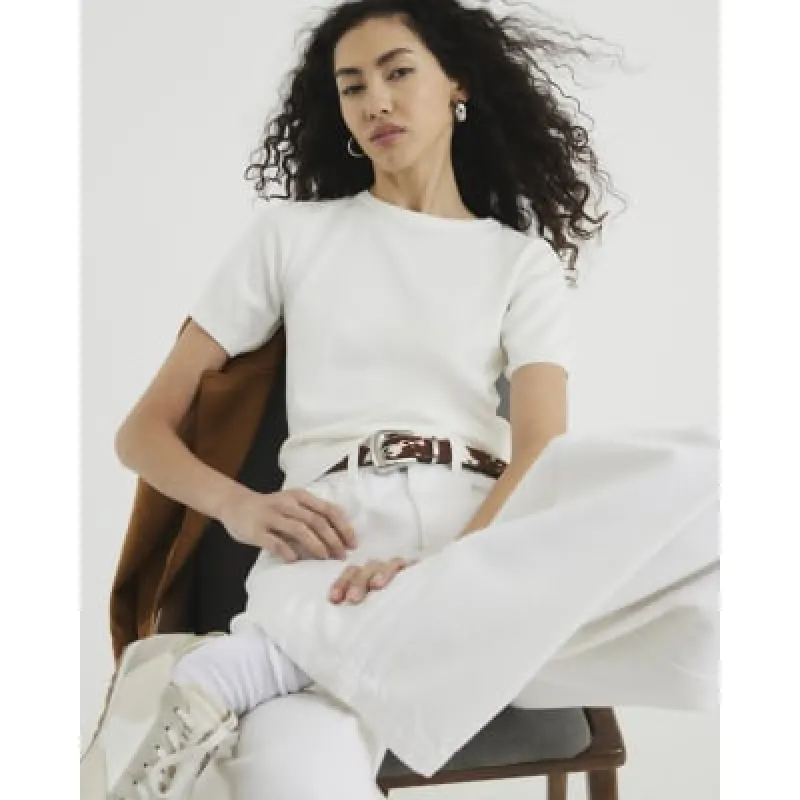 White Short Sleeve Button Knit Top sold by River Island