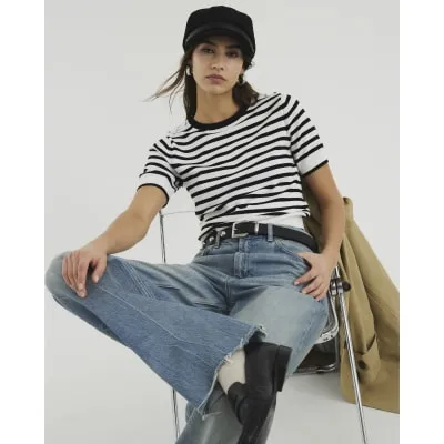 Black Striped Short Sleeve Button Knit Top sold by River Island