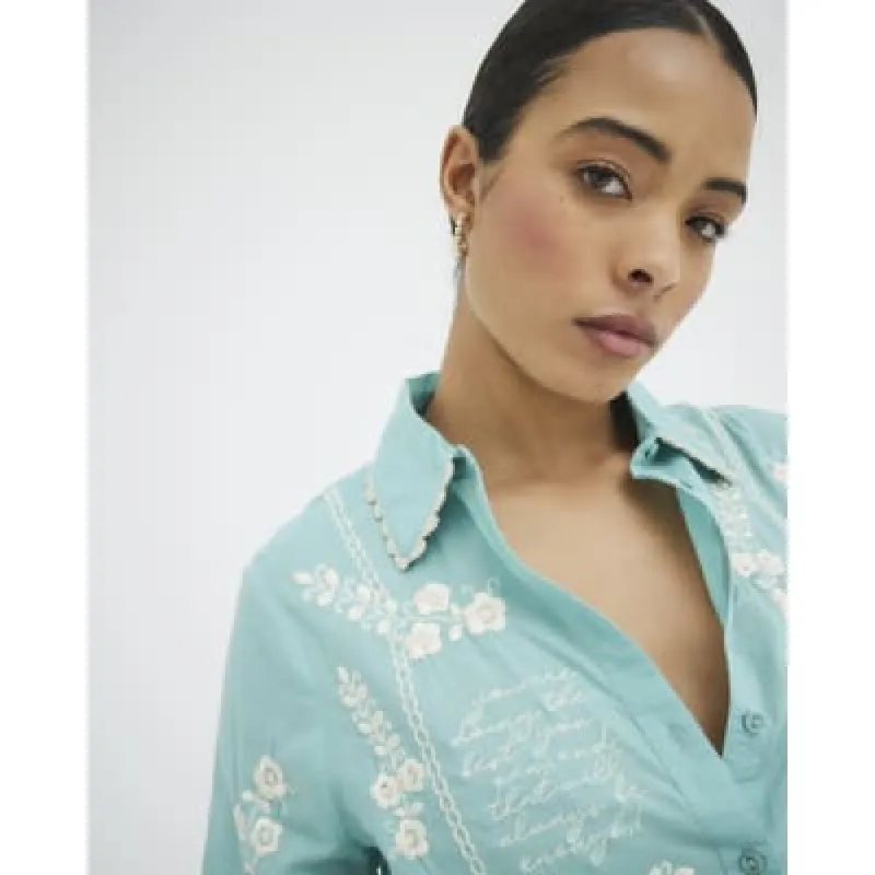 Aqua Floral Script Embroidered Shirt sold by River Island