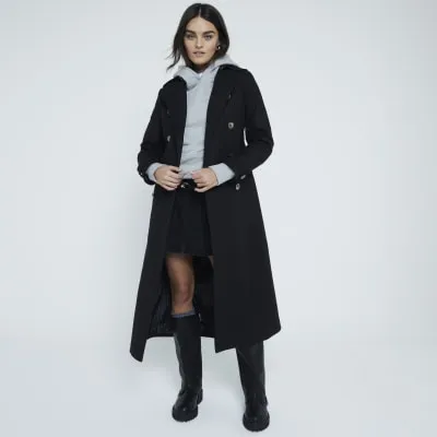 Black Fitted Cotton Trench Coat sold by River Island