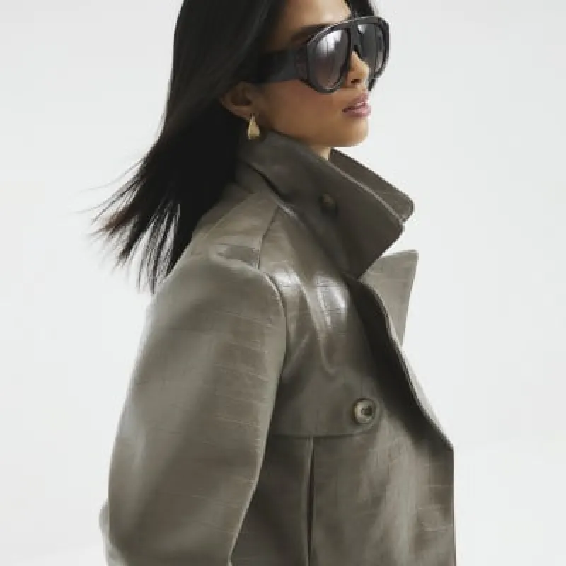 Petite Stone Faux Leather Cropped Trench Coat sold by River Island
