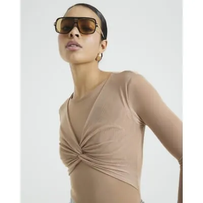Beige Long Sleeve Mesh Bodysuit sold by River Island