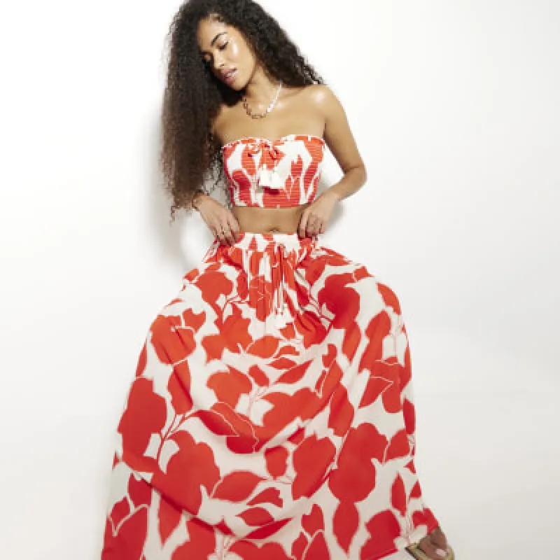 Red Shirred Floral Bandeau Top sold by River Island