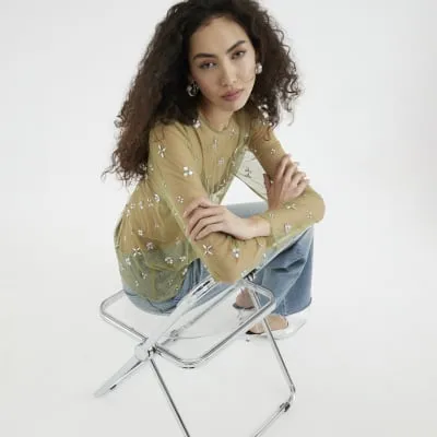 Green Embellished Mesh Long Sleeve Top sold by River Island