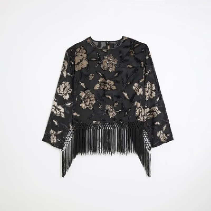 Plus Black Floral Devore Fringe Cape sold by River Island