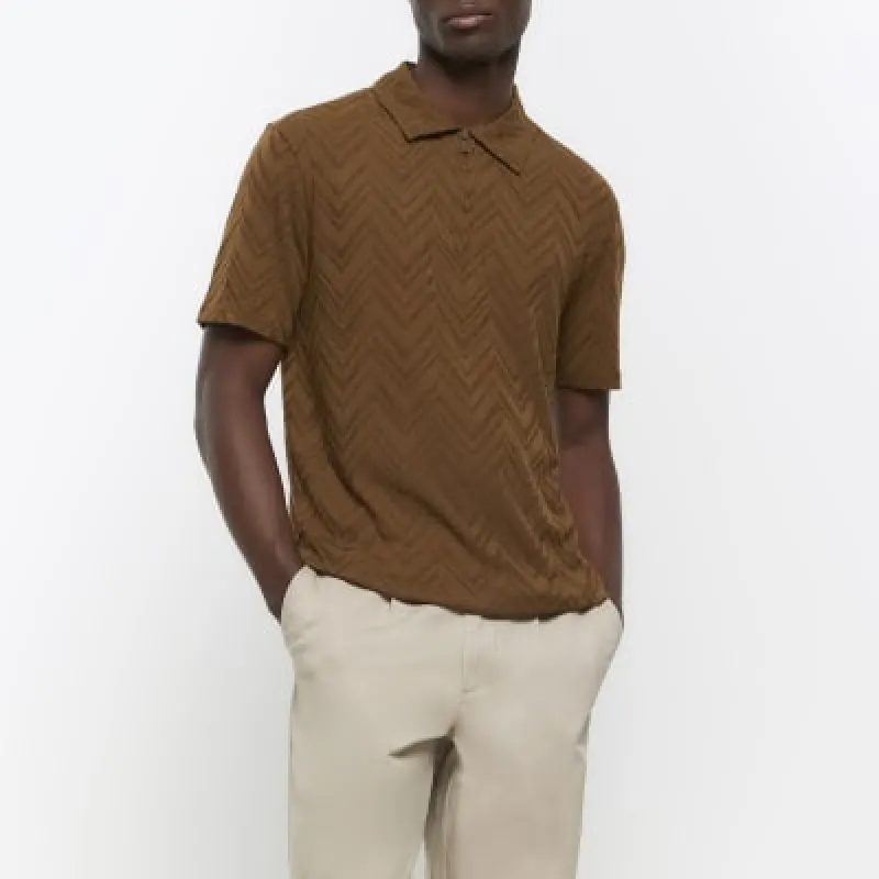 Brown slim fit textured polo shirt sold by River Island