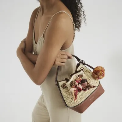 Beige Scarf Raffia Bucket Bag sold by River Island