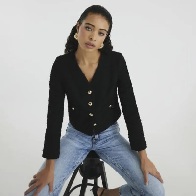 Black Long Sleeve Boucle Jacket sold by River Island