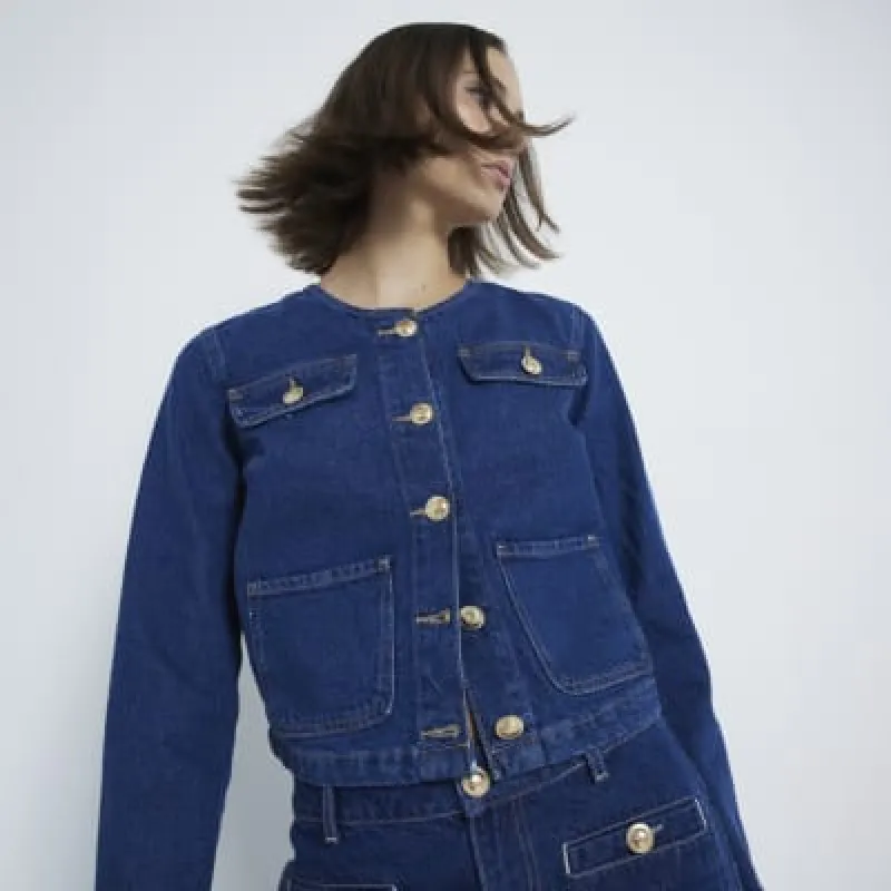 Blue Dark Denim Cropped Trophy Jacket sold by River Island
