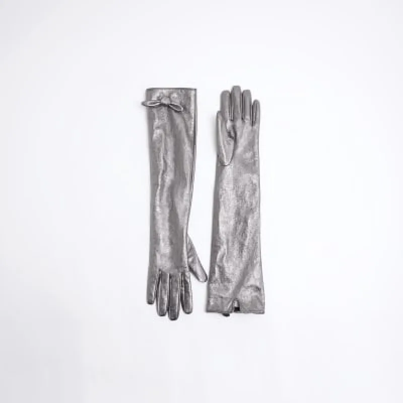 Silver Long Metallic Bow Detail Gloves sold by River Island