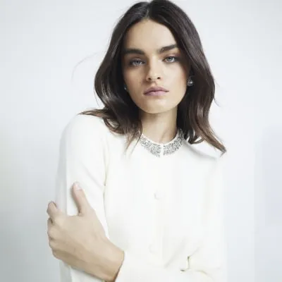 Cream Embroidery Necklace Cardigan sold by River Island