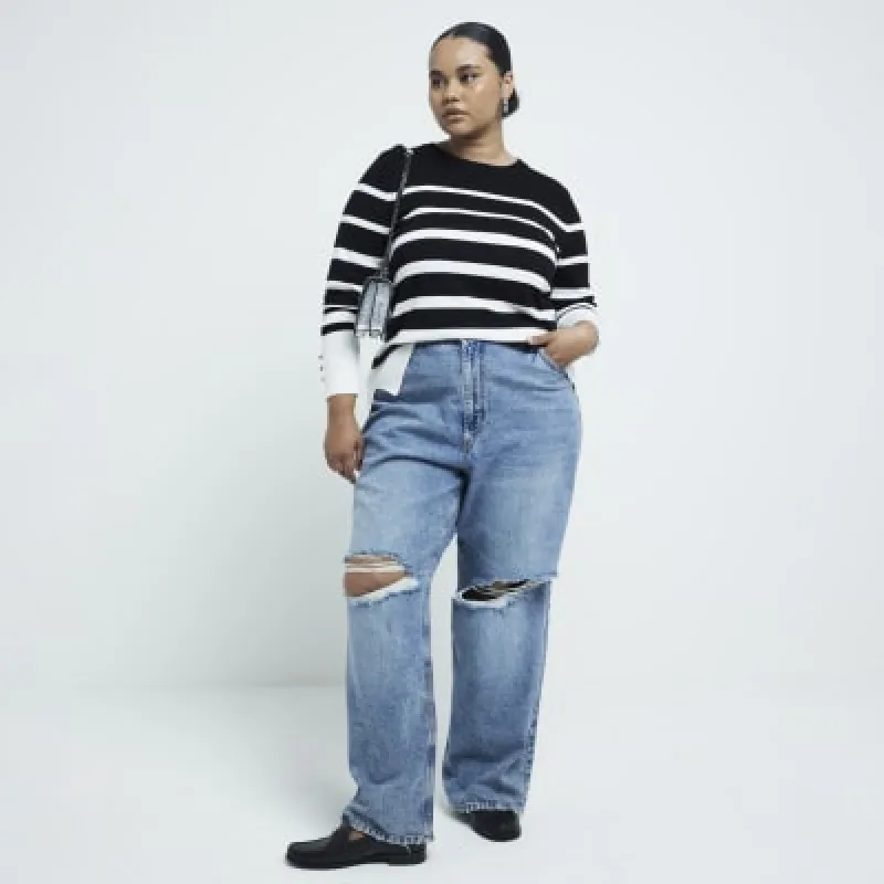 Plus Black fine knit Stripe long sleeve top sold by River Island