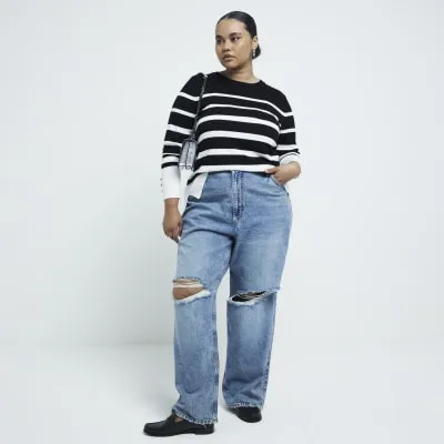 Plus Black fine knit Stripe long sleeve top sold by River Island