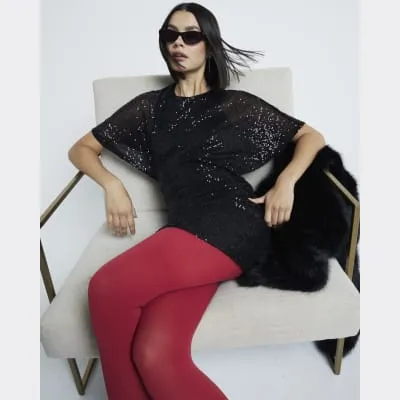 Black Short Sleeve Sequin Skater Dress sold by River Island