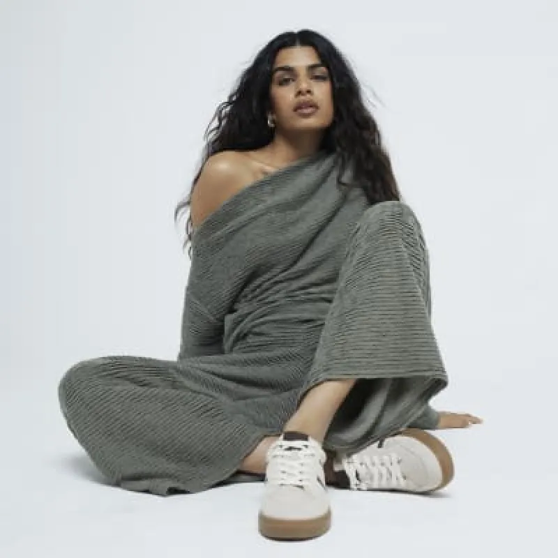 Petite Khaki Textured Off Shoulder Drape Top sold by River Island