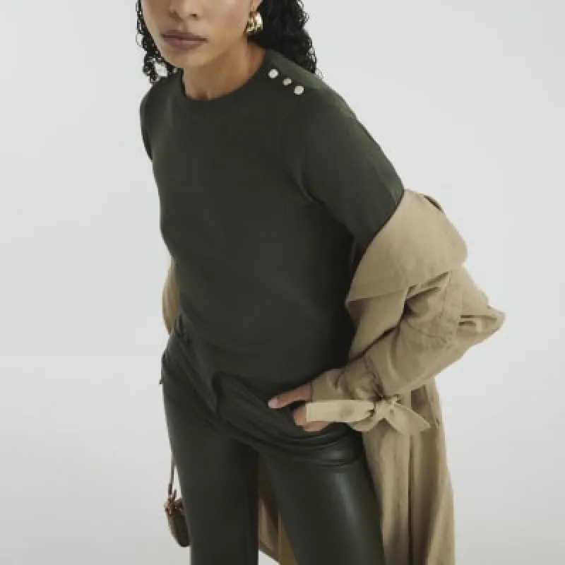 Khaki Short Sleeve Button Knit Top sold by River Island