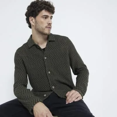 Khaki Regular Fit Crochet Zig Zag Shirt sold by River Island