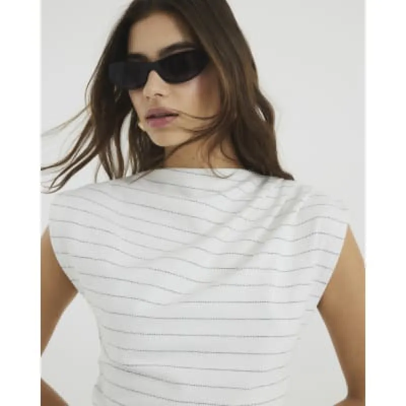 Cream Short Sleeve Draped High Neck Top sold by River Island