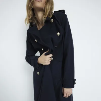 Navy Double Breasted Wool Blend Trench Coat sold by River Island