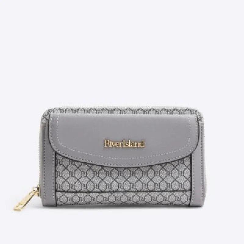 Grey RI Monogram Zip Around Envelope Purse sold by River Island