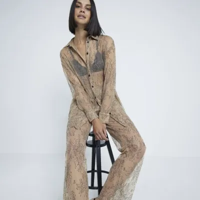 Beige Sheer Lace Trousers sold by River Island