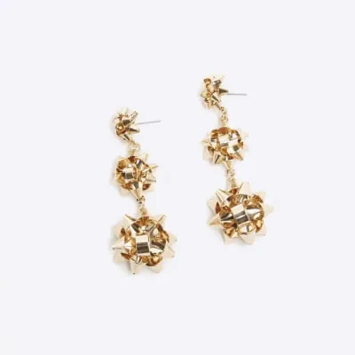 Gold 3 Drop Present Bow Stud Earrings sold by River Island