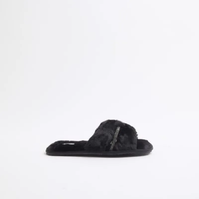 Black Faux Fur Diamante Cut Out Slippers sold by River Island