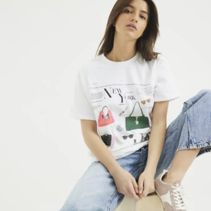 White Short Sleeve NY Handbags T-shirt sold by River Island