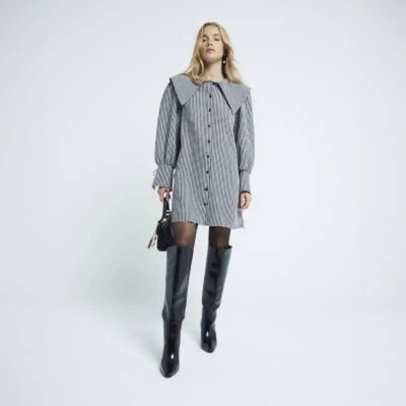 Black Peter Pan Collar Gingham Shirt Dress sold by River Island